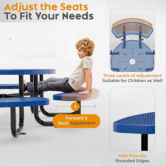 Metal Picnic Tables for Kids for Outdoors with Umbrella Hole - Coated Steel Heavy Duty Commercial Grade Table with Adjustable Seats (Blue, 38 in, Kids, Expanded Steel)