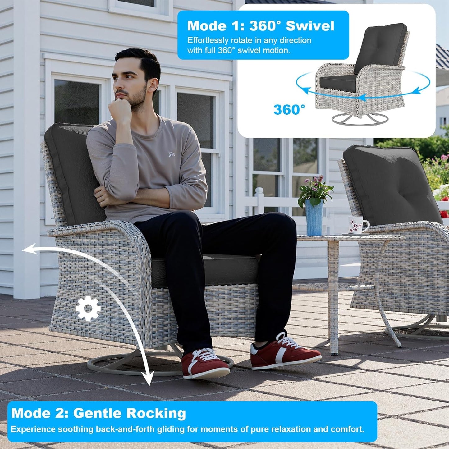 17-Piece Patio Furniture Set, Outdoor Patio Furniture with Swivel Chairs Set, Thick Cushions, Modular Patio Sofa, Dual-Strand Wicker Rattan, Rust-Resistant Frame, Black