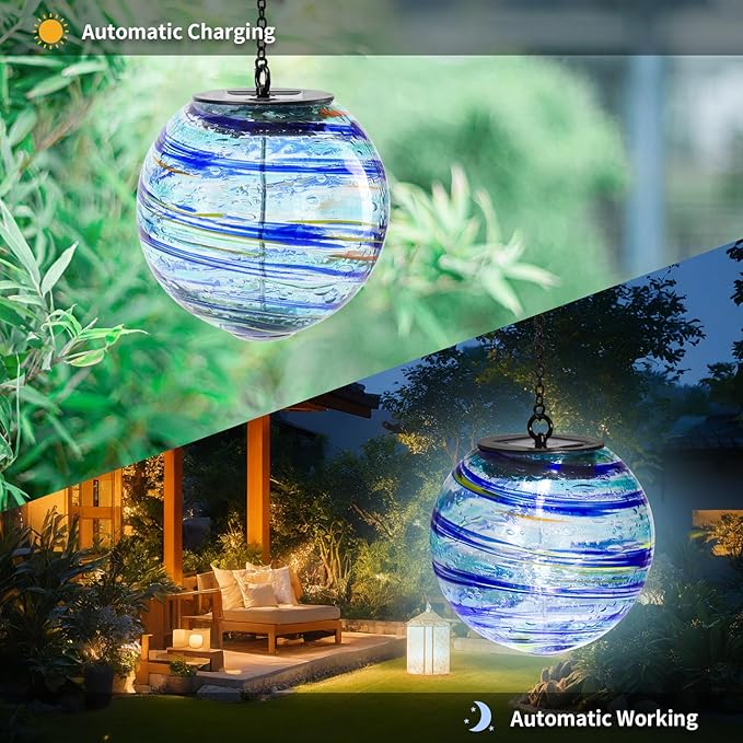 VCUTEKA Solar Chandelier Outdoor, Hanging Glass Solar Light with Hook Up, Garden Lanterns Decor for Yard, Tree and Patio, Starry Blue