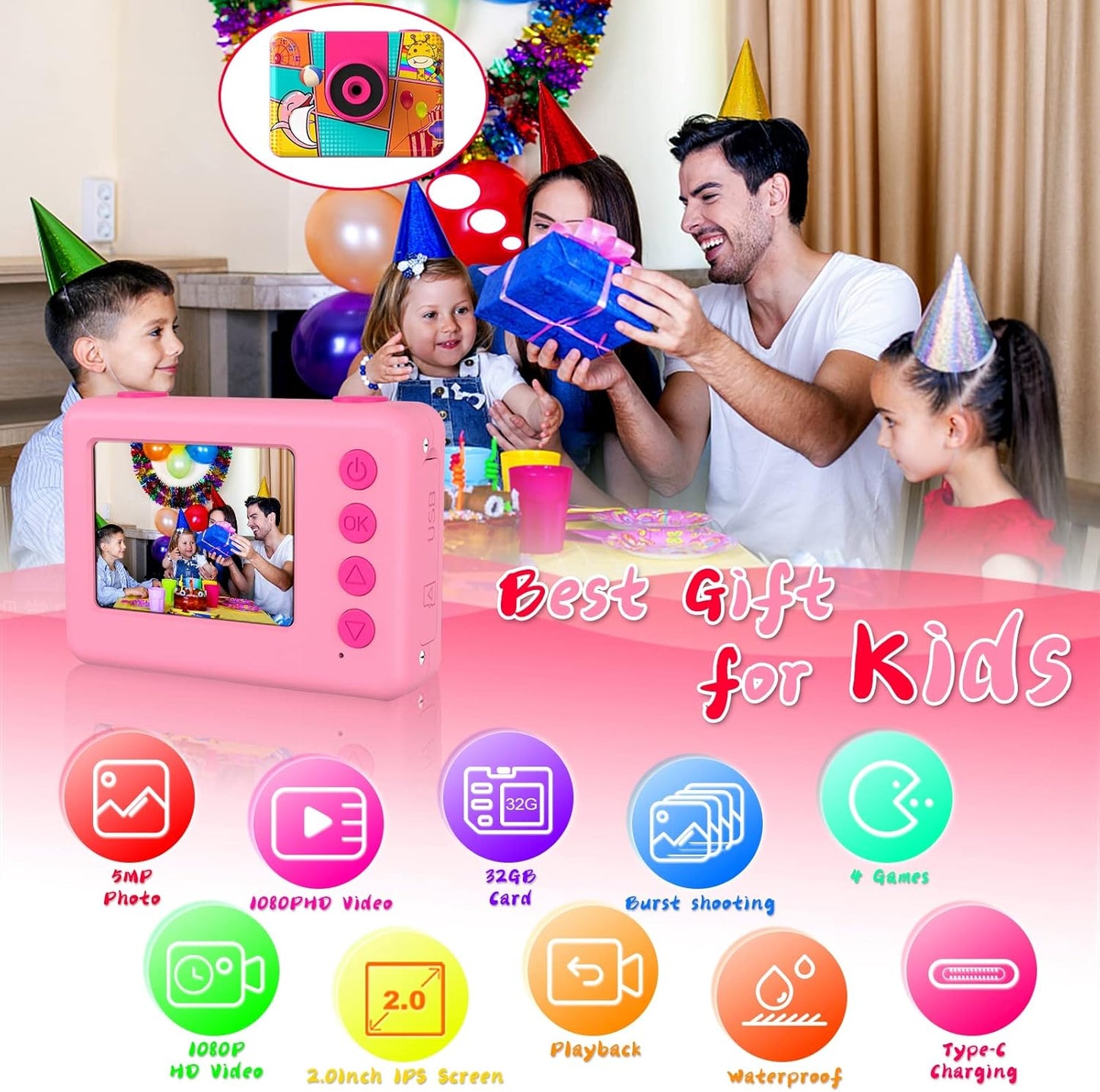 Kids Camera, Waterproof Kids Digital Camera, Children Selfie Camera with 180°Flip Len, 20MP 1080P Sports Action Toy Underwater Camera for Pool Helmet, Birthday Gifts for Boys Girls Age 3-12