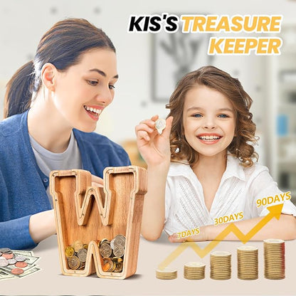 KMC Wooden Letter Piggy Bank, Personalized Initial Piggy Bank for Kids Boys, Clear Alphabet W Wood Money Box, Unbreakable Coin Saving Jar, Birthday, for Children