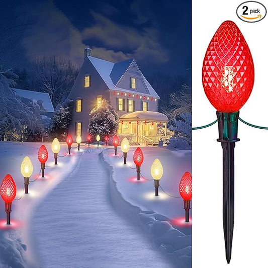 Double C9 Christmas Pathway Lights Outdoor - 2 Pack 13.5Ft 10 LED With 10 Marker Stakes for Walkway, Waterproof Plug-in C9 Strawberry Christmas Decorations for Driveway, Red & Warm White