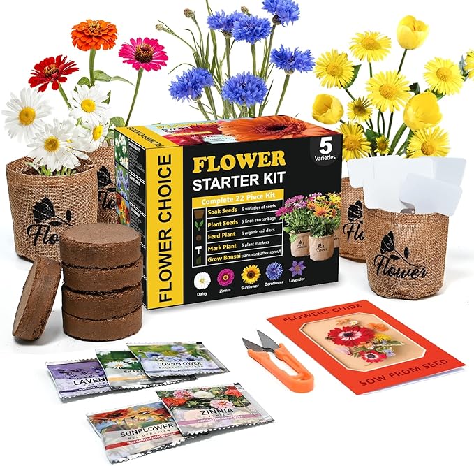 Indoor Daisy Garden Starter Kit with Gardening Tools - Jute Bags, Markers, Soil Disks and Shears, Home Gardening Gifts for Women Men Plant Lovers