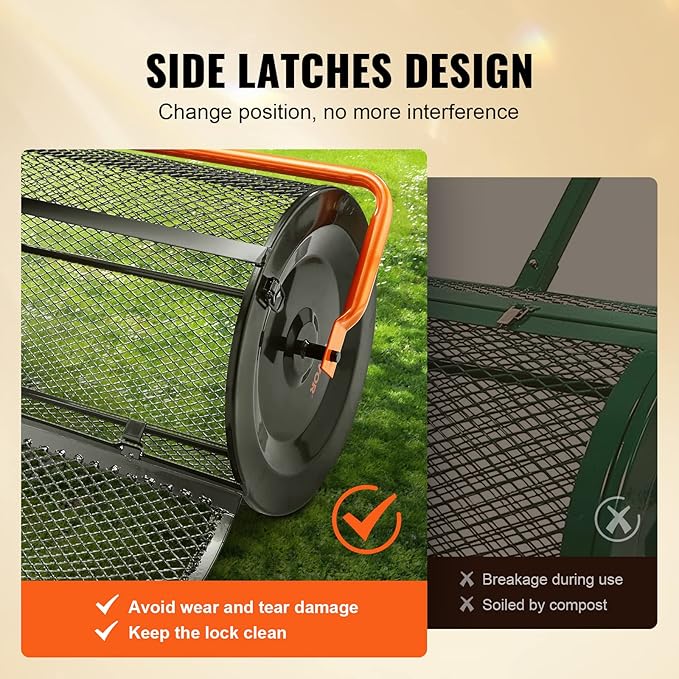 VEVOR Compost Spreader, 24.4-25.6" Height Adjustable Handle, 24" Wide, Lawn and Garden Peat Moss Roller with Side Latches, Powder Coated Steel Mesh Basket for Spreading Manure, Topsoil, Black