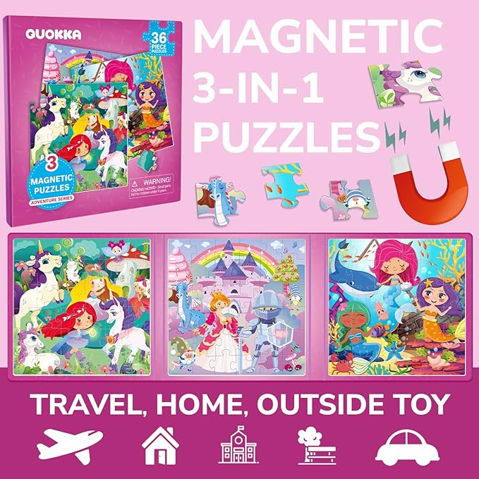 QUOKKA Magnetic Puzzles for Kids Ages 4-6 - 36 Pieces Sudoku Toddler Puzzles Ages 2-4 - Travel Games for Kids Ages 3-5 - Princess Unicorn Mermaid Toddler Travel Toys - Car Airplane Road Trip Games