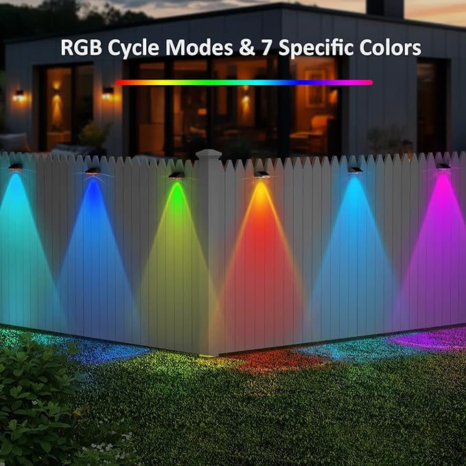 Solar Fence Lights Outdoor - IP65 Waterproof, 3000/4000/6000K & RGB Fence Lights Solar Powered, Deck Light for Outside Backyard, Patio, Deck, Stair Handrail, Pool and Wall (2PK)