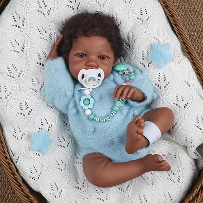 WOOROY Realistic Reborn Baby Dolls Black – 18-Inch African American Real Life Baby Doll Boy with Curly Hair and Open Eyes, Lifelike Gift Toy with Doll Accessories for Kids Ages 3+