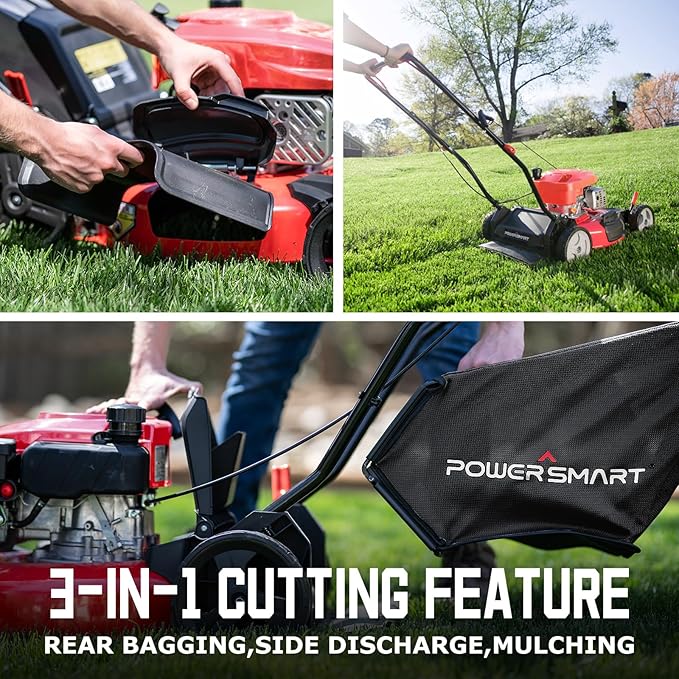 PowerSmart Lawn Mower Gas Powered, 18-Inch 144cc Engine 3-in-1 Walk-Behind Push Lawn Mower, Oil Included