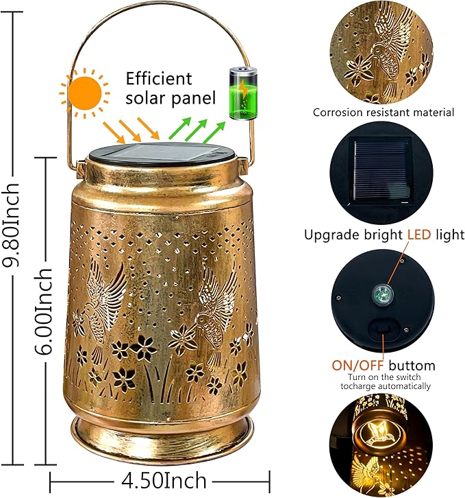 KY&BOSAM Solar Lanterns Outdoor Waterproof Hummingbird Garden Decor Birthday Gifts for Women Mom Grandma Hanging Solar Lights Outdoor Metal LED Lantern Outside for Yard Patio Backyard Porch Pathway