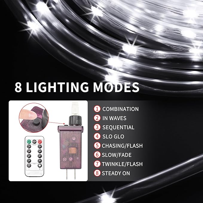 LED Rope Lights for Outside 100Ft Waterproof Rope Lighting 429 LEDs 110V 8 Modes Remote Control Timer Christmas Rope Lights for Indoor Outdoor Party Holiday Garden Decoration (White)