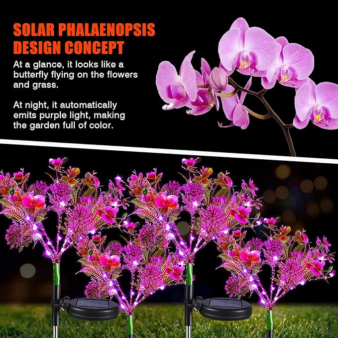 Neporal Solar Garden Lights, 4PK Purple Phalaenopsis Solar Flowers Outdoor Waterproof, Solar Lights Outdoor Decorative for Garden, Yard Decor,