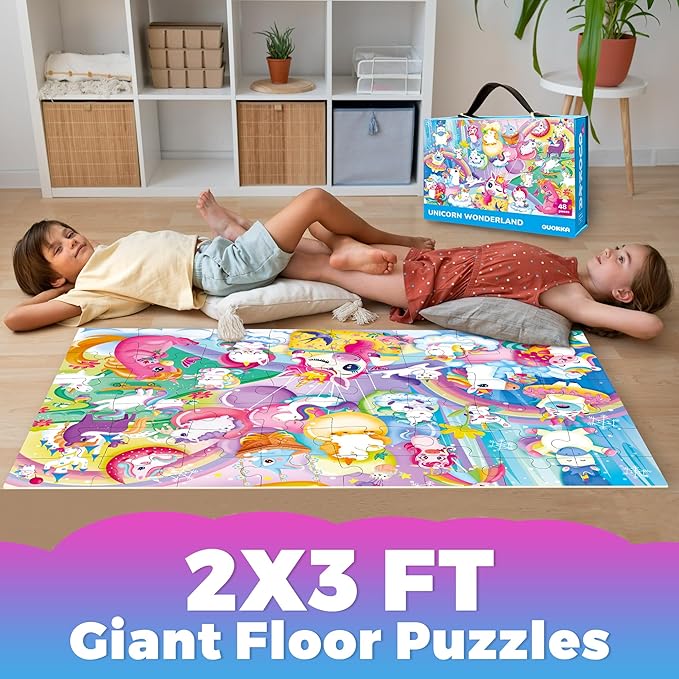 QUOKKA Giant Floor Puzzles for Kids Ages 4-6 - 2x3 Feet Extra-Thick 48 Pieces Toddler Puzzle Ages 3-5 – Unicorn Educational Activity for Boys Girls – Premium Box with Sturdy Handle & Magnetic Closure