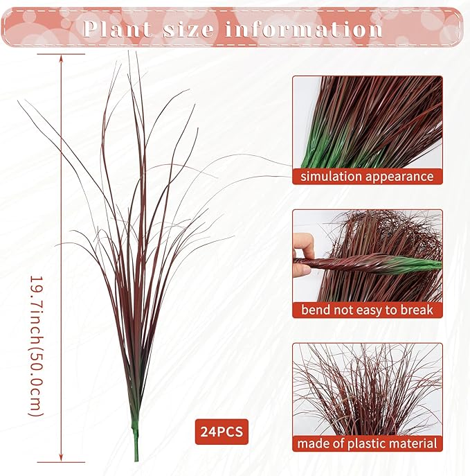 24Pcs Artificial Grass Plants, Faux Shrubs Wheat Grass, Artificial Tall Grasses Fake Plants for Outdoor Decor,Artificial Greenery Stems Weed for Room Indoor Home Decor（Red）