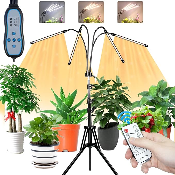 Plant Grow Light with Stand, 4 Heads Full Spectrum Grow Lamps with 15-63" Adjustable Tripod Stand, 4/8/12H Timer, 3 Switch Modes, Indoor Plant Light with Remote Control