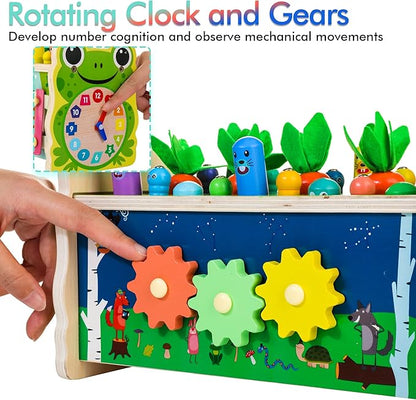 6-IN-1 Wooden Montessori Toys for 1 Year Old, Mole-Tapping Game | Play the Xylophone | Frog Clock | Carrot Harvest Game | Spinning Gear, Toddler Toys Aged 1-4, Baby Toy Gift for Early Learning