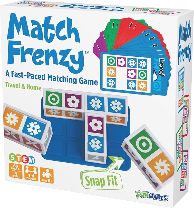 Funwares Match Frenzy: Portable Pattern Matching Puzzle Game, Family Mini Board Games, Perfect for Travel & Home Play, Road Trip Activities for Kids and Adults, Quick Set-Up - 4-Player