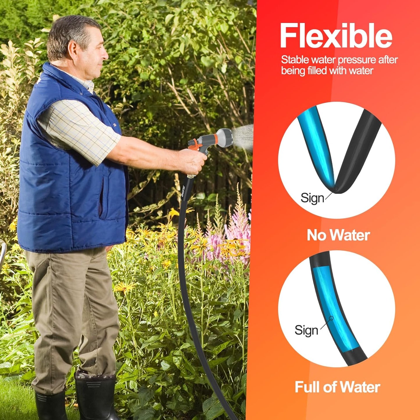 Garden Water Hose 150 ft x 5/8 in Heavy Duty, Flexible and Lightweight, Burst 600 psi, Kink-less Hybrid Rubber Pipe for Backyard, 3/4'' Brass Fittings, Black