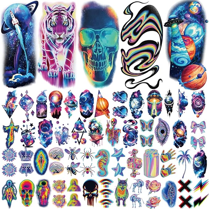77 Sheets Space Planet Temporary Tattoo for Adult, 17 Sheets Half Arm Astronaut Rockets Tiger Fake Tattoos Men Women, 60 Sheets Bowknot Butterfly Cat Boys Girls Party Supplies Body Tattoos Stickers