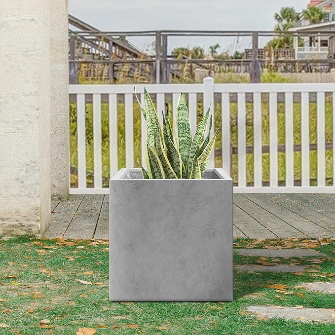 Kante 10 Inch Square Concrete Planter for Outdoor Indoor Home Patio Garden, Large Plant Pot with Drainage Hole and Rubber Plug, Natural Concrete