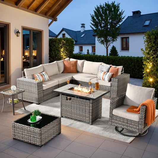 ovios 9 Pieces Patio Furniture Set, Outdoor Wicker Sectional Sofa with 42" Fire Pit Table Swivel Chair, Modern Modular Deep Seat Rattan Couch Conversation Sets, Beige