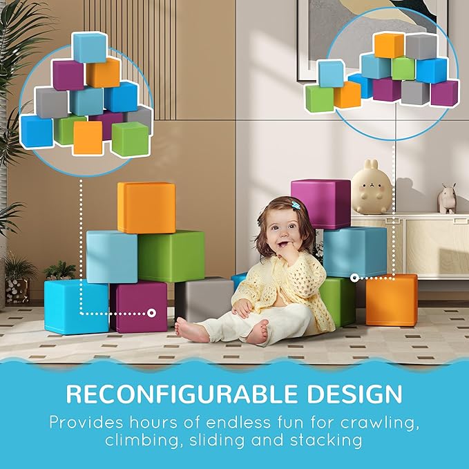 Soozier 12 Piece Soft Play Blocks Soft Foam Toy Building and Stacking Blocks Compliant Learning Toys for Toddler Baby Kids Preschool, Contemporary