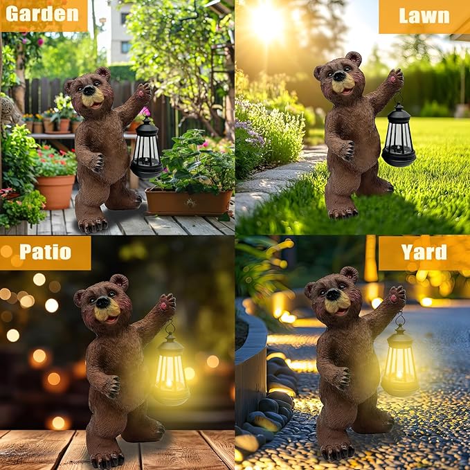 Solar Lantern Garden Statues Decor, Outdoor Bear Figurine Lights for Yard Patio Decoration - Unique Christmas Housewarming Gift for Grandma Wowen Mom Brown