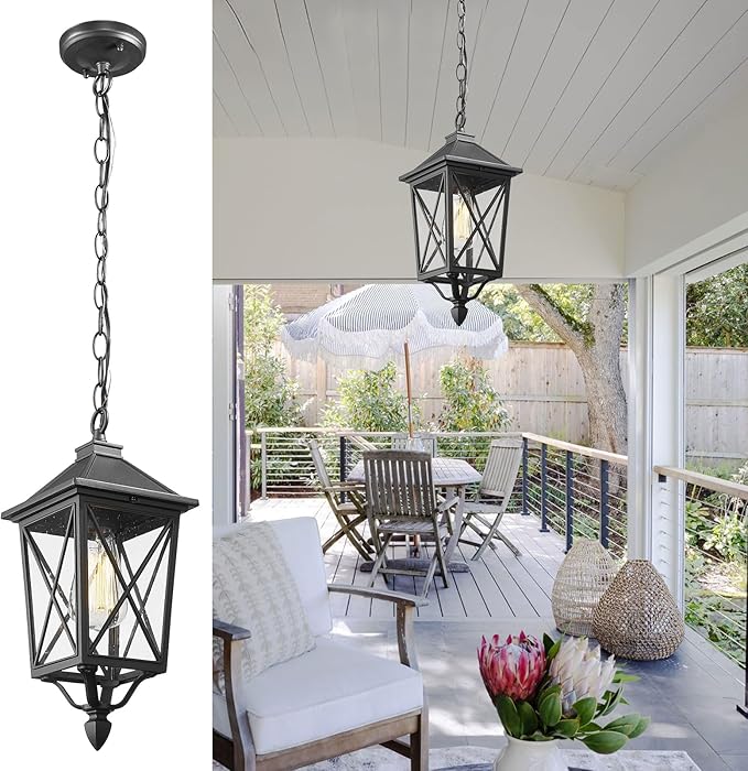 Darkaway Outdoor Pendant Light Fixture, Outdoor Hanging Porch Light with Seeded Glass, Anti-Rust Waterproof Aluminum E26 Socket Lighting for Porch Entryway Doorway