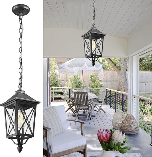 Darkaway Outdoor Pendant Light Fixture, Outdoor Hanging Porch Light with Seeded Glass, Anti-Rust Waterproof Aluminum E26 Socket Lighting for Porch Entryway Doorway