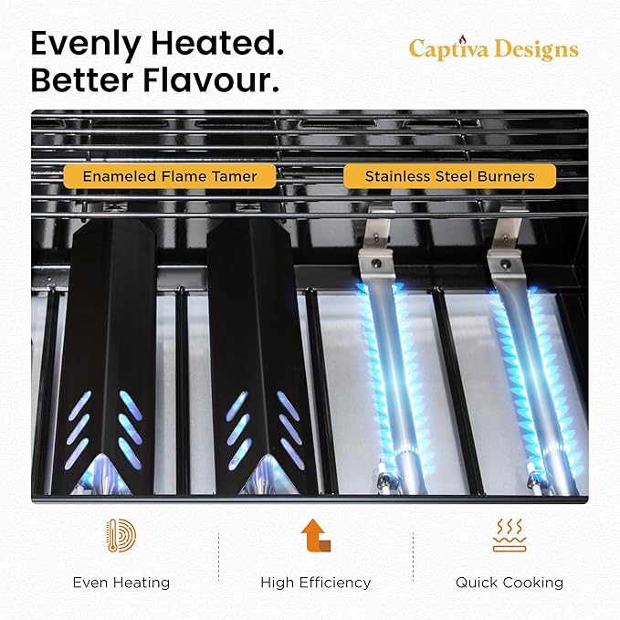 Captiva Designs 6-Burner Propane Gas BBQ Grill with Side Burner & Porcelain-Enameled Cast Iron Grate and Plate for Outdoor Barbucue Events, 52,000 BTU Output,740 SQ.IN. Cooking Area，Heavy Duty