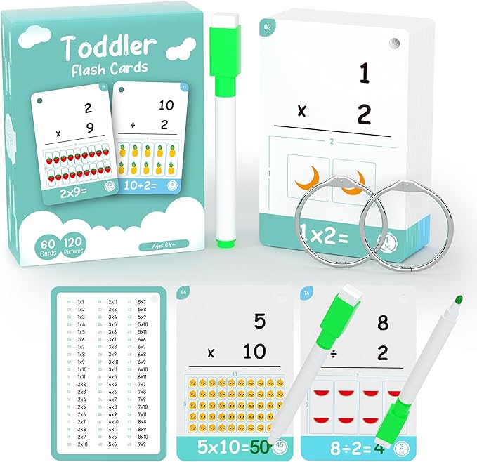 60 Cards, 120 Pictures Educational Math Flash Cards, Multiplication Division Flash Cards, for Toddlers 7,8,9,10,11 Years for 2ed, 3rd,4th，5th, 6th Grade Studends.