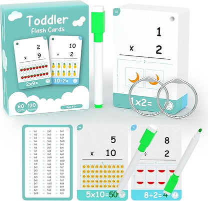 60 Cards, 120 Pictures Educational Math Flash Cards, Multiplication Division Flash Cards, for Toddlers 7,8,9,10,11 Years for 2ed, 3rd,4th，5th, 6th Grade Studends.