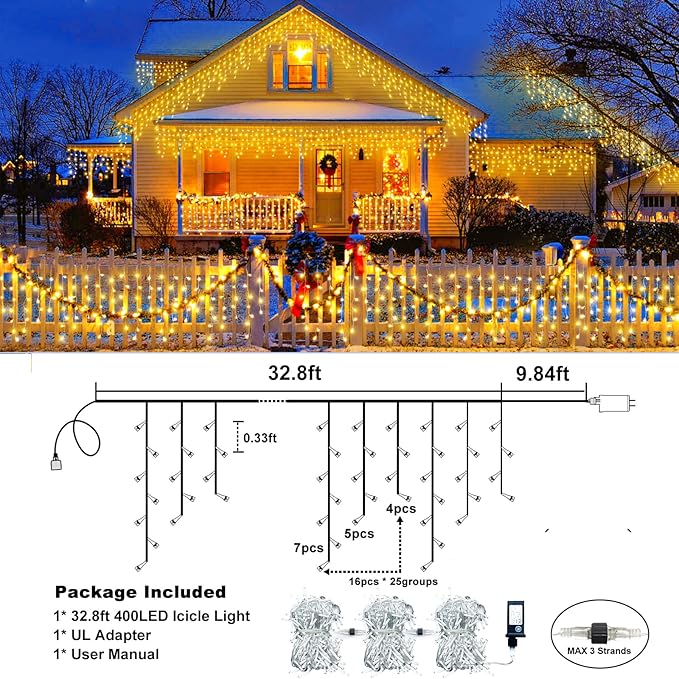 Icicle Lights for Outside, 33FT 400 LED Christmas Lights Outdoor Indoor with 8 Modes Waterproof, Connectable Plug in String Hanging Light for House Roof Yard Wedding Holiday Decor, Warm White