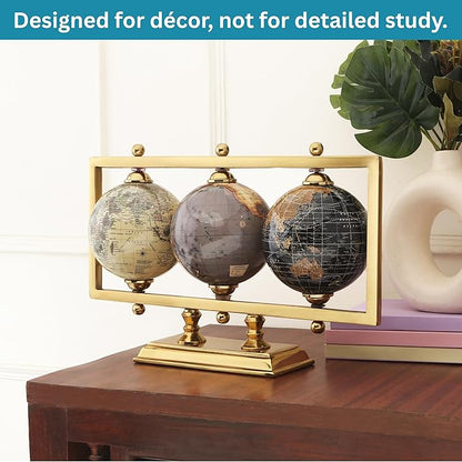 Rely+ Set of 3 4'' World Globes Sturdy Metal Gold Stand (NOT PLASTIC!) - Rotating Desktop Globe For Geographic Home Decorative Desk Table Office Gift - Book Shelf Decor World Globe - Landscape