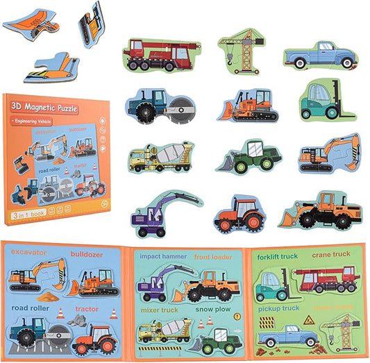 ASTARON 3D Magnetic Puzzle with 60 Puffy Stickers for Toddlers, 41 Pieces Construction Vehicles Toddler Puzzles Preschool Education Learning Travel Toys Car Plane Activities for Kids Quiet Time