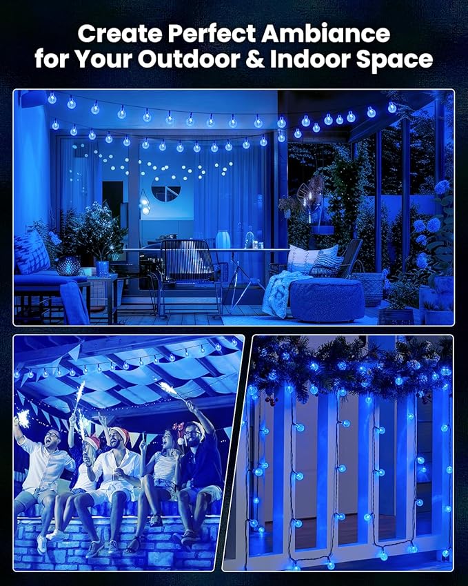 Solar String Lights Outdoor Waterproof, 2 Pack 60 LED 36.5 FT Each, 8 Lighting Modes Solar Powered Patio Lights for Garden Yard Porch Wedding Party Decor (Blue)