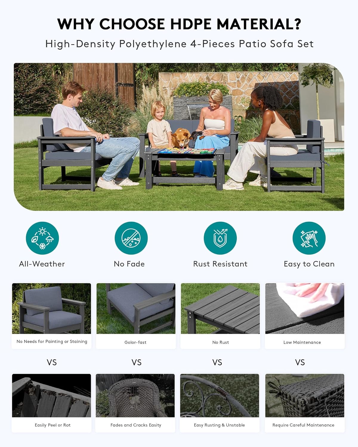 SERWALL 8 Pieces HDPE Outdoor Conversation Sofa Set with Cushions, All Weather Use Couch Loveseat Furniture Set with Pads, Outdoor Social Sofa Coffee Table Set, Grey Frame with Grey Cushions
