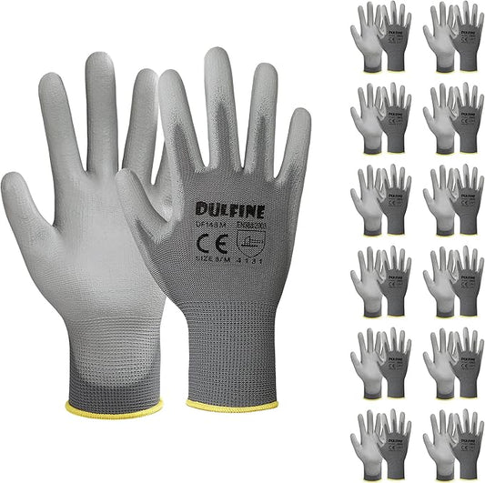 DULFINE Safety Work Gloves PU Coated-12 Pairs,Grey Seamless Knit Glove with Polyurethane Coated Smooth Grip on Palm & Fingers, for Men and Women, Ideal for General Duty Work (XX-Large)