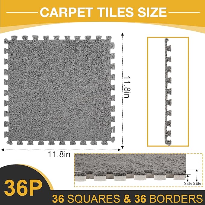 36 Pcs Plush Interlocking Carpet Tiles, Non-Toxic Shaggy Foam Carpet Tiles for Toddler Baby, Machine-Washable, Anti-Slip, EVA Foam Interlocking Tiles for Floor, Nursery, Playroom, Grey