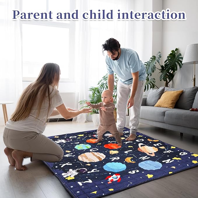 Baby Play Mat for Floor, GFU Non-Slip 71x59 Thick One-Piece Infants Playpen Crawling Mat Blue, Foldable and Machine Washable for Boys