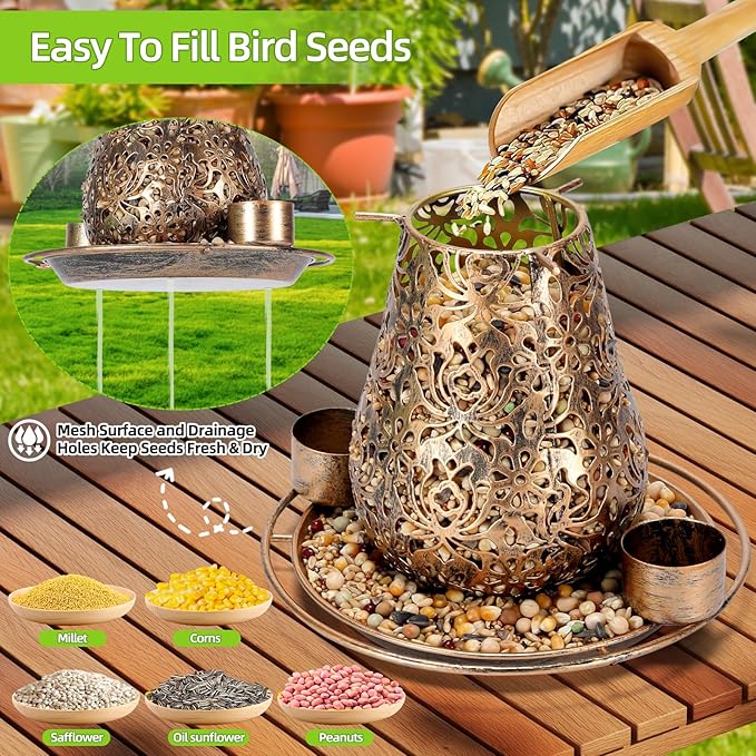 Mushroom Solar Bird Feeders for Outdoors Hanging Metal Wild Bird Feeder Garden Lantern with S Hook for Garden Decoration Brown