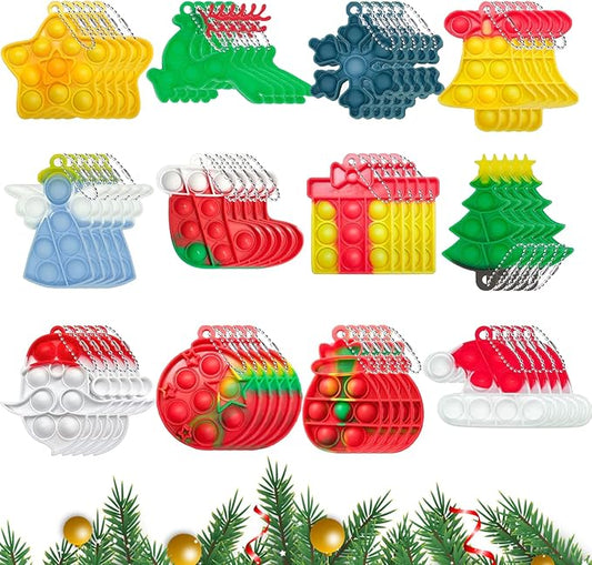 60Pcs Christmas Mini Pop Keychain Fidget Toys, Mini Pop Bubble Christmas Fidget Toy, Silicone Mini Pop Toys Bulk for Kids Anxiety Stress Reliever for Adults