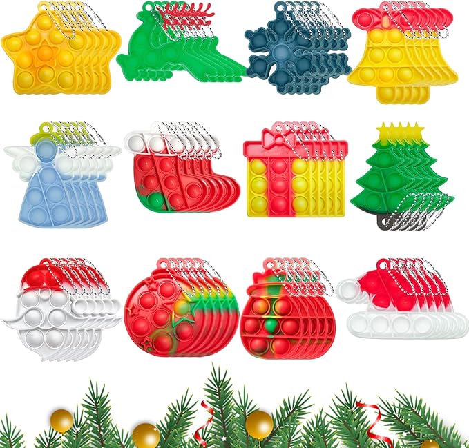 60Pcs Christmas Mini Pop Keychain Fidget Toys, Mini Pop Bubble Christmas Fidget Toy, Silicone Mini Pop Toys Bulk for Kids Anxiety Stress Reliever for Adults