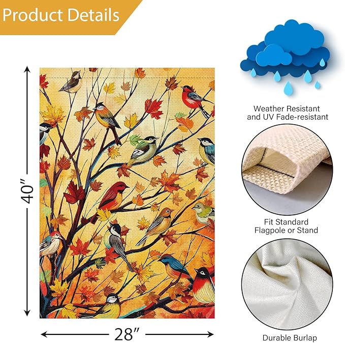 Louise Maelys Welcome Fall Garden House Flag 28x40 Inch Double Sided, Autumn Maple Tree Birds Large Burlap Garden Flag Fall Thanksgiving Outside Outdoor House Yard Decor (Only Flag)