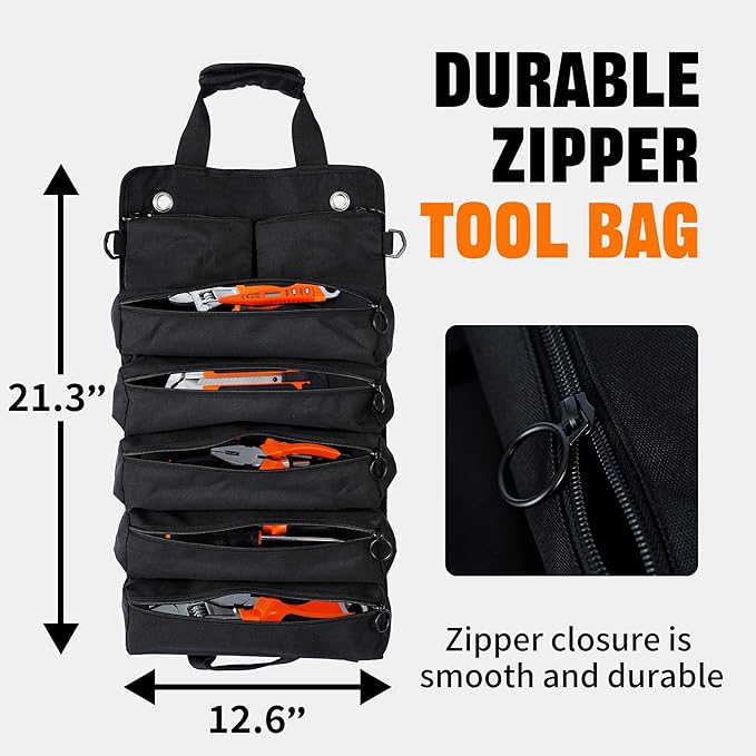 Portable Foldable Roll-Up Waterproof Tool Bag Organizer with 5 Compartments & 2 Detachable Pouches, Heavy-Duty Tool Pouch Bag, Dad Men Electrician Mechanic Gifts