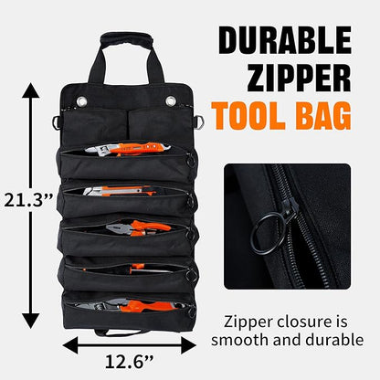 Portable Foldable Roll-Up Waterproof Tool Bag Organizer with 5 Compartments & 2 Detachable Pouches, Heavy-Duty Tool Pouch Bag, Dad Men Electrician Mechanic Gifts