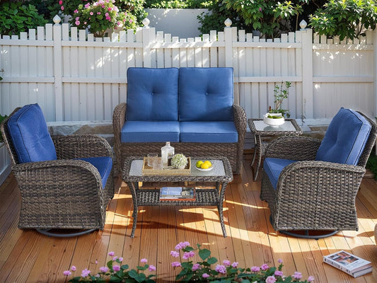 HUMMUH 5-Piece Patio Furniture PE Wicker Outdoor Conversation Set,All-Weather Rattan Swivel Chairs Outdoor Glider Couch for Backyard,Poolside,Deck