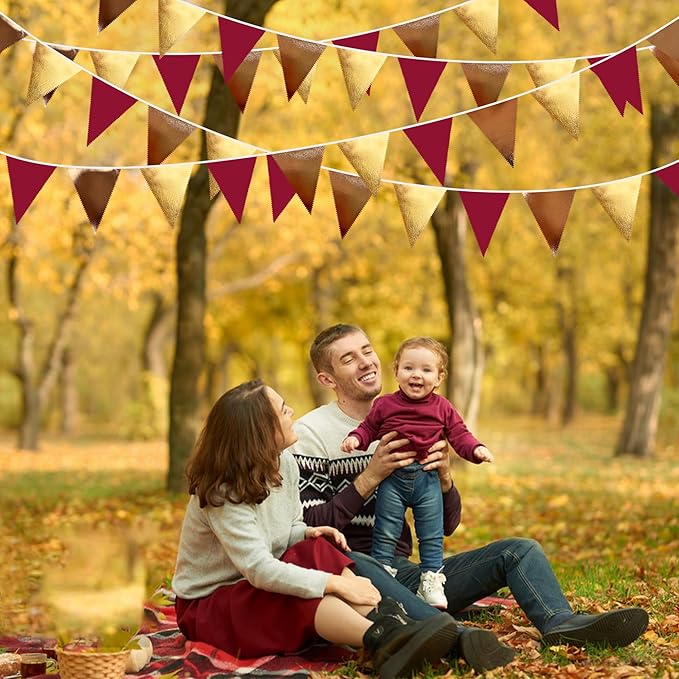 Fall Party Decorations Maroon Gold Brown Metallic Fabric Triangle Pennant Banner Burgundy Flag Bunting Garland for Autumn Thanksgiving Wedding Birthday Bridal Shower Engagement Graduation Garnet Party