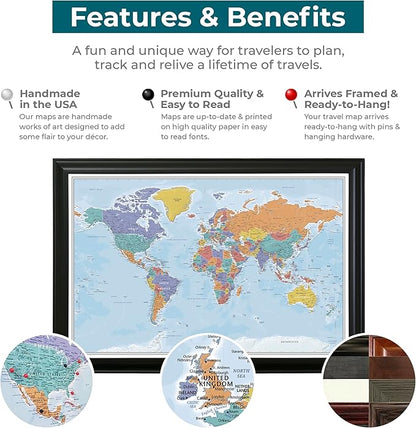 Push Pin Travel Maps - Customizable Blue Oceans World with Solid Wood Brown Frame- 27.5" x 39.5" - 8 Handcrafted Frame Options - Made in USA - Ideal for Adventurous Travelers
