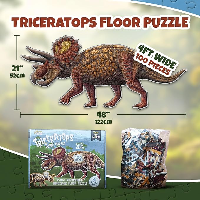 Triceratops Dinosaur Jigsaw Puzzle | 100-Piece Double Sided Floor Puzzle with Glow-in-The-Dark Skeleton On Other Side | 4 FT Scientifically Accurate Dino Illustration | Educational Toy for Kids