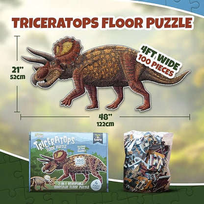 Triceratops Dinosaur Jigsaw Puzzle | 100-Piece Double Sided Floor Puzzle with Glow-in-The-Dark Skeleton On Other Side | 4 FT Scientifically Accurate Dino Illustration | Educational Toy for Kids